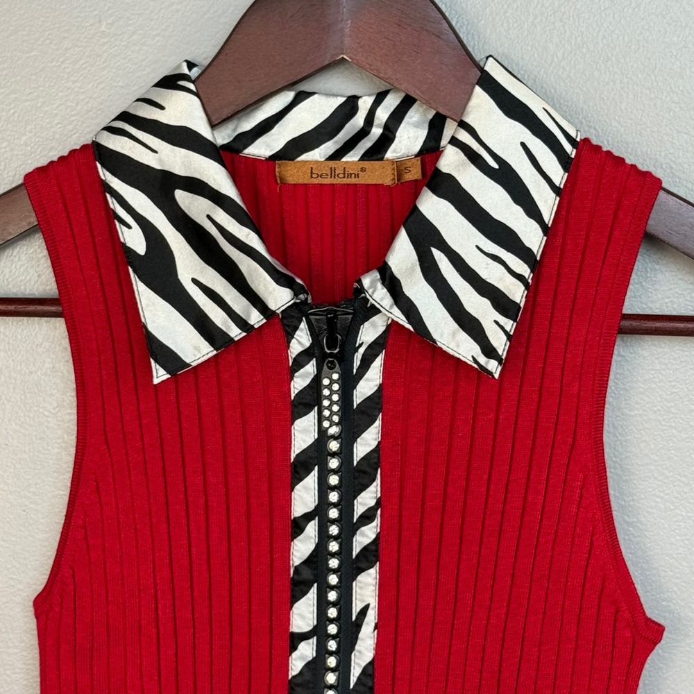 Y2K Belldini Ribbed Zip Top‎ Women's Small Red Zebra Collar Rhinestone - Picture 2 of 7